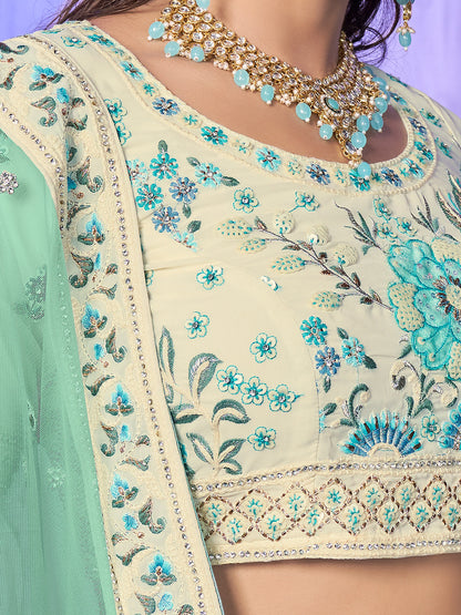 Odette Off White Embroidered georgette Semi Stitched Lehenga With Unstitched Blouse  For Women