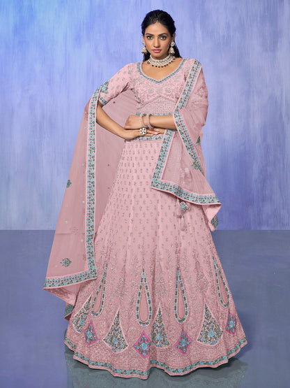 Odette Pink Embroidered Georgette Semi Stitched Lehenga With Unstitched Blouse  For Women