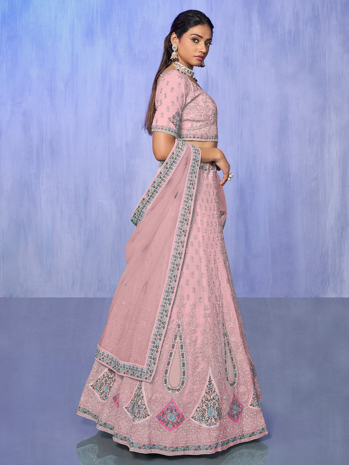 Odette Pink Embroidered Georgette Semi Stitched Lehenga With Unstitched Blouse  For Women