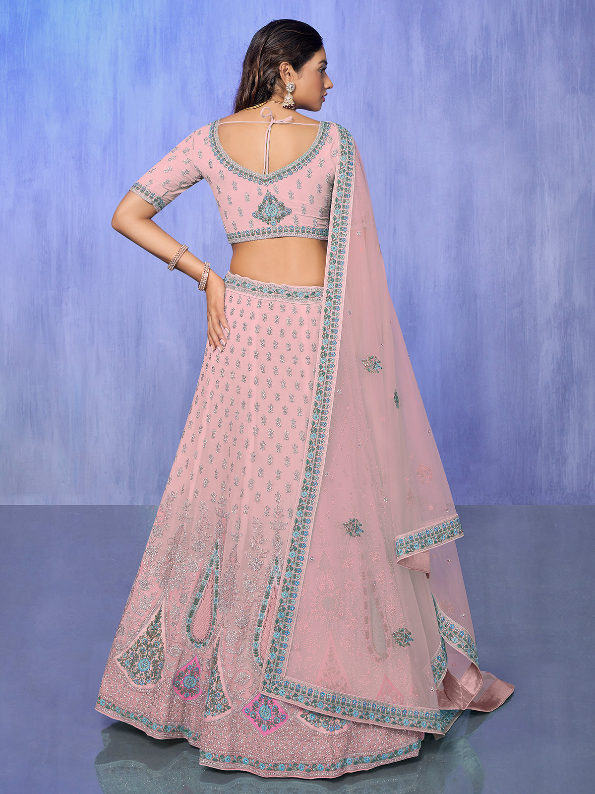 Odette Pink Embroidered Georgette Semi Stitched Lehenga With Unstitched Blouse  For Women