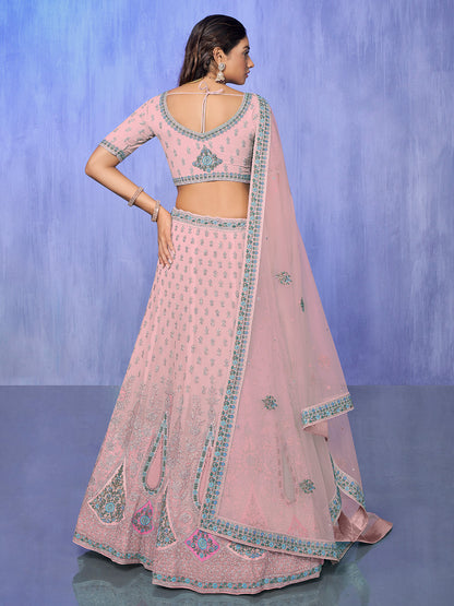 Odette Pink Embroidered Georgette Semi Stitched Lehenga With Unstitched Blouse  For Women