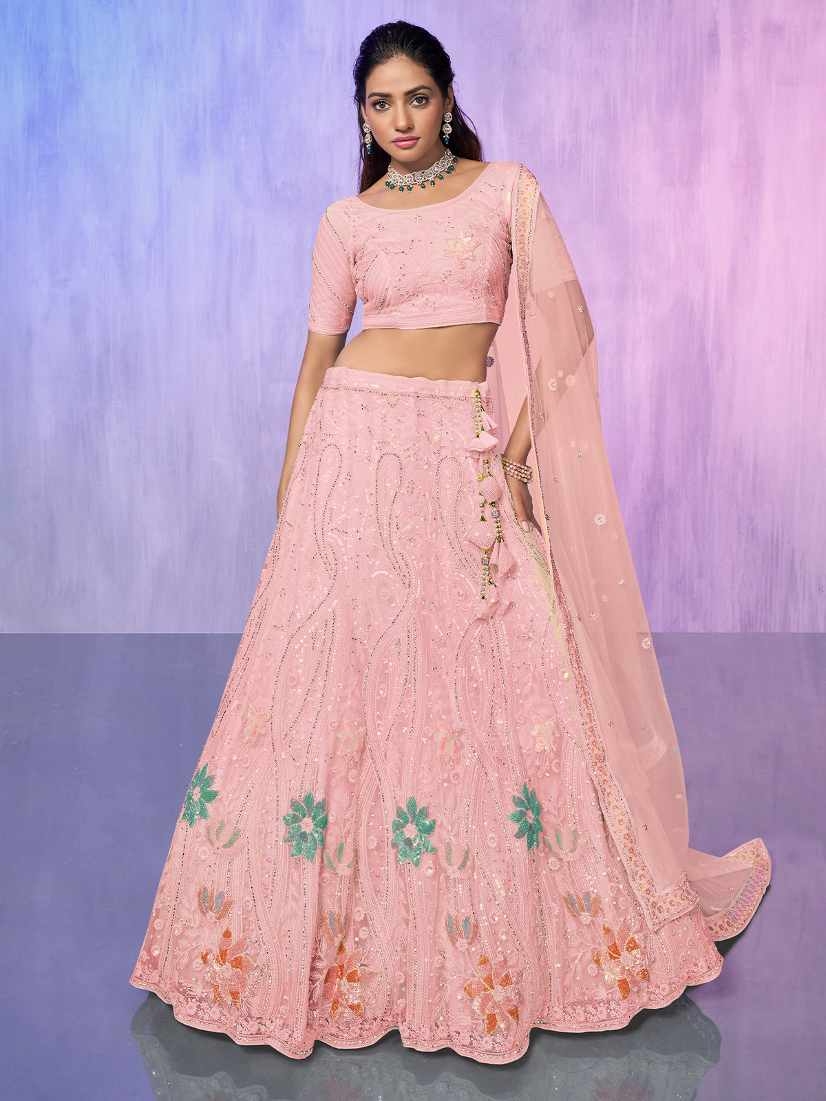 Odette Peach Embroidered Net Semi Stitched Lehenga With Unstitched Blouse  For Women