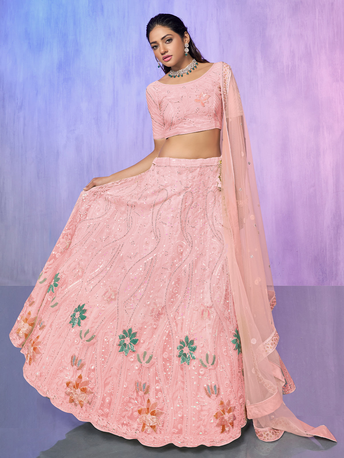 Odette Peach Embroidered Net Semi Stitched Lehenga With Unstitched Blouse  For Women
