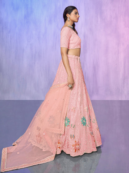 Odette Peach Embroidered Net Semi Stitched Lehenga With Unstitched Blouse  For Women