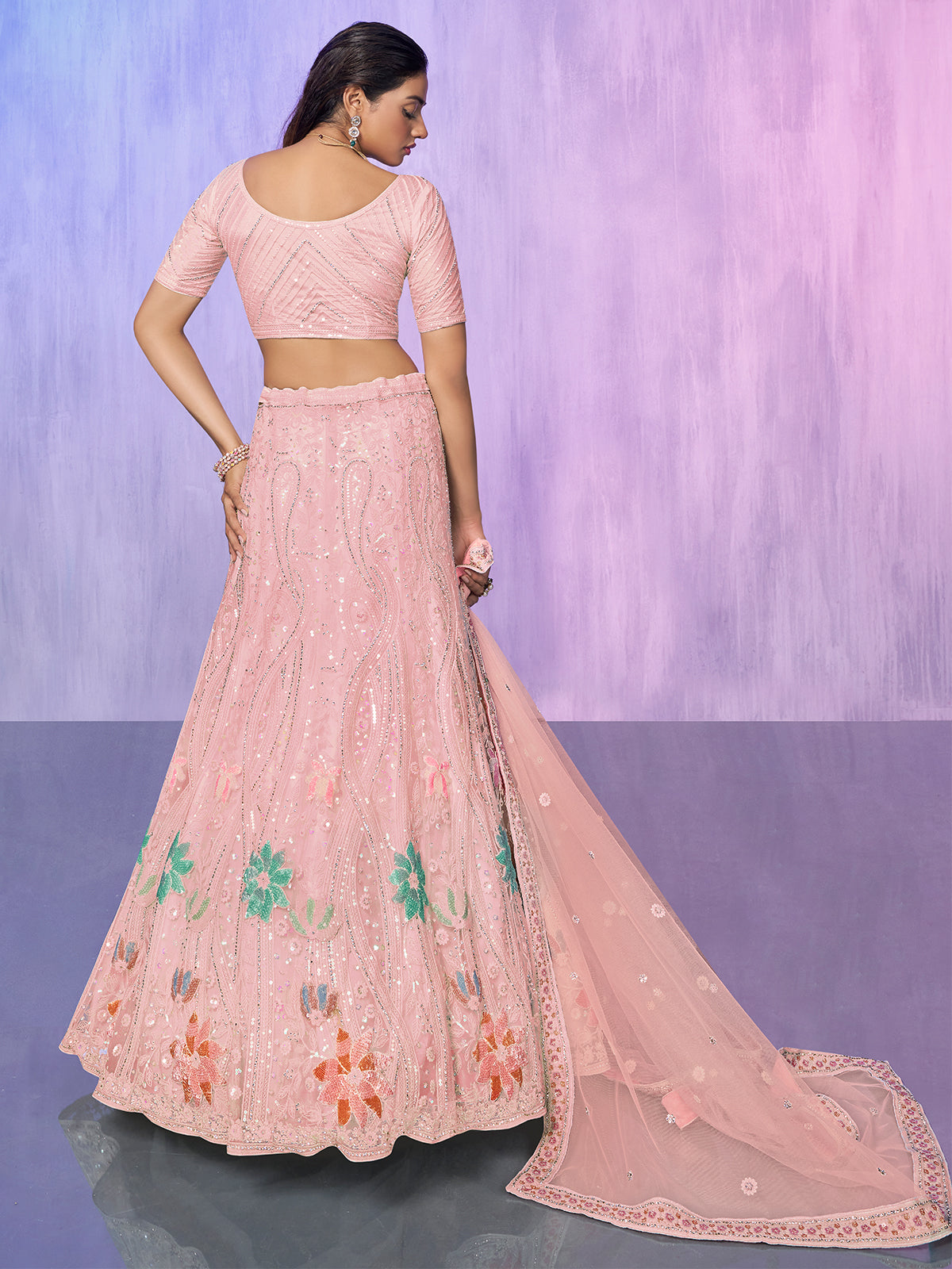 Odette Peach Embroidered Net Semi Stitched Lehenga With Unstitched Blouse  For Women