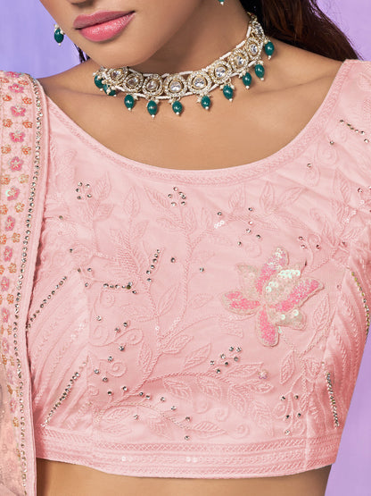 Odette Peach Embroidered Net Semi Stitched Lehenga With Unstitched Blouse  For Women