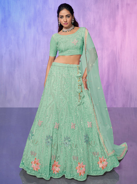 Odette Sea Green Embroidered Net Semi Stitched Lehenga With Unstitched Blouse For Women