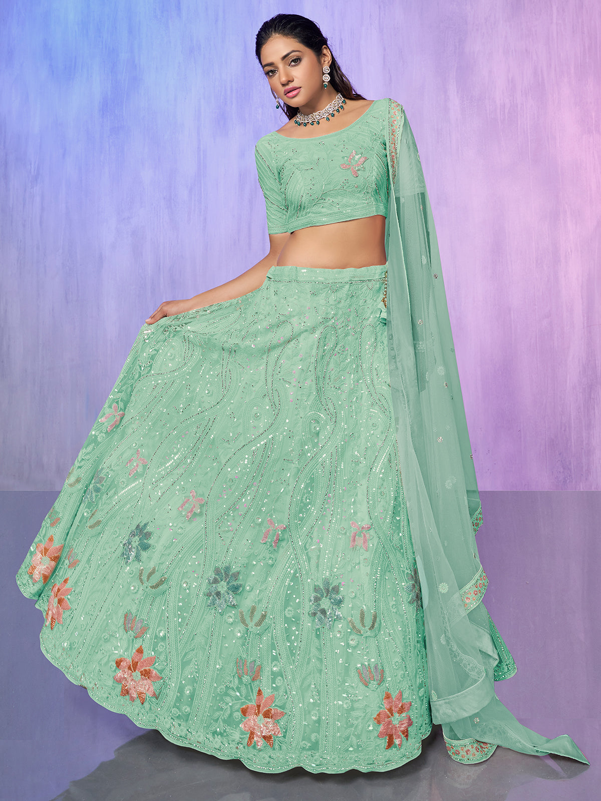 Odette Sea Green Embroidered Net Semi Stitched Lehenga With Unstitched Blouse For Women