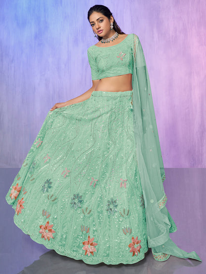 Odette Sea Green Embroidered Net Semi Stitched Lehenga With Unstitched Blouse For Women