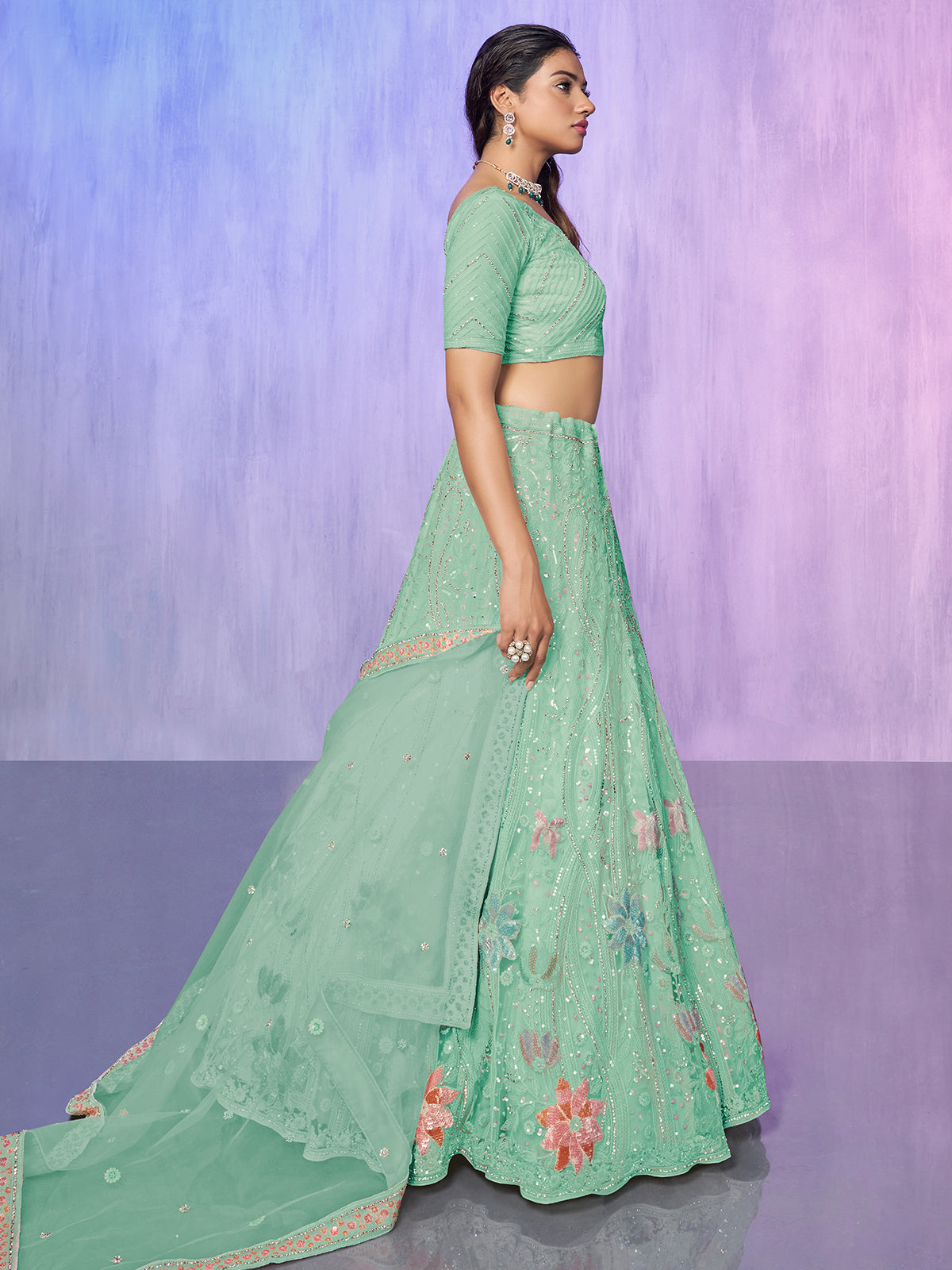 Odette Sea Green Embroidered Net Semi Stitched Lehenga With Unstitched Blouse For Women