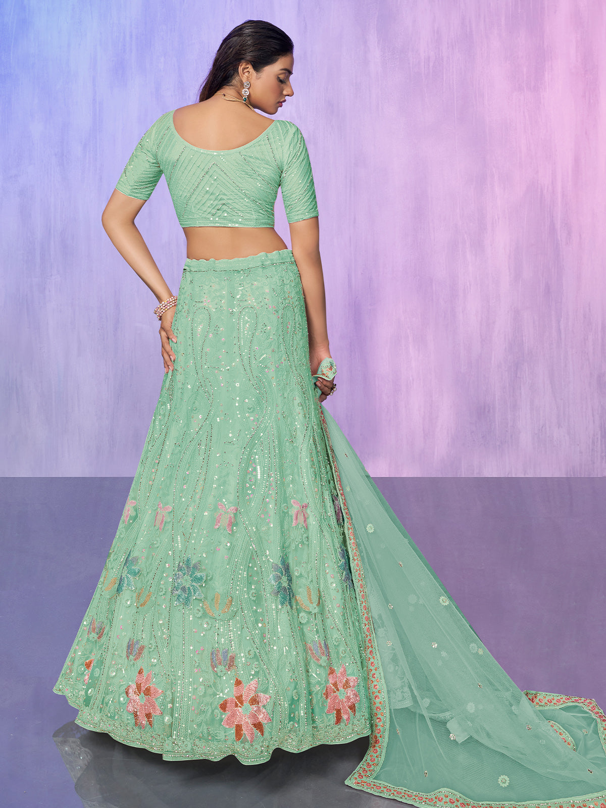 Odette Sea Green Embroidered Net Semi Stitched Lehenga With Unstitched Blouse For Women
