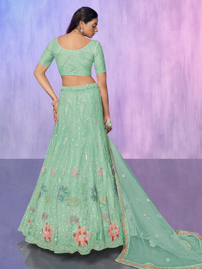 Odette Sea Green Embroidered Net Semi Stitched Lehenga With Unstitched Blouse For Women