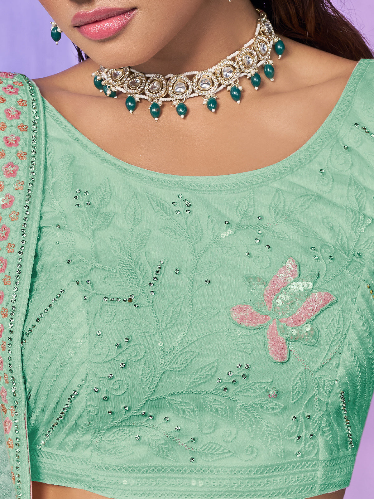 Odette Sea Green Embroidered Net Semi Stitched Lehenga With Unstitched Blouse For Women