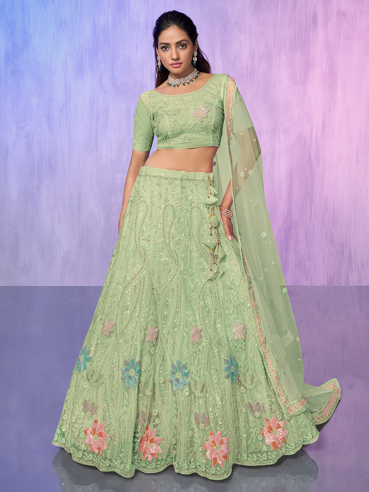 Odette Sea Green Embroidered Net Semi Stitched Lehenga With Unstitched Blouse For Women