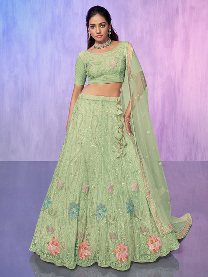 Odette Sea Green Embroidered Net Semi Stitched Lehenga With Unstitched Blouse For Women