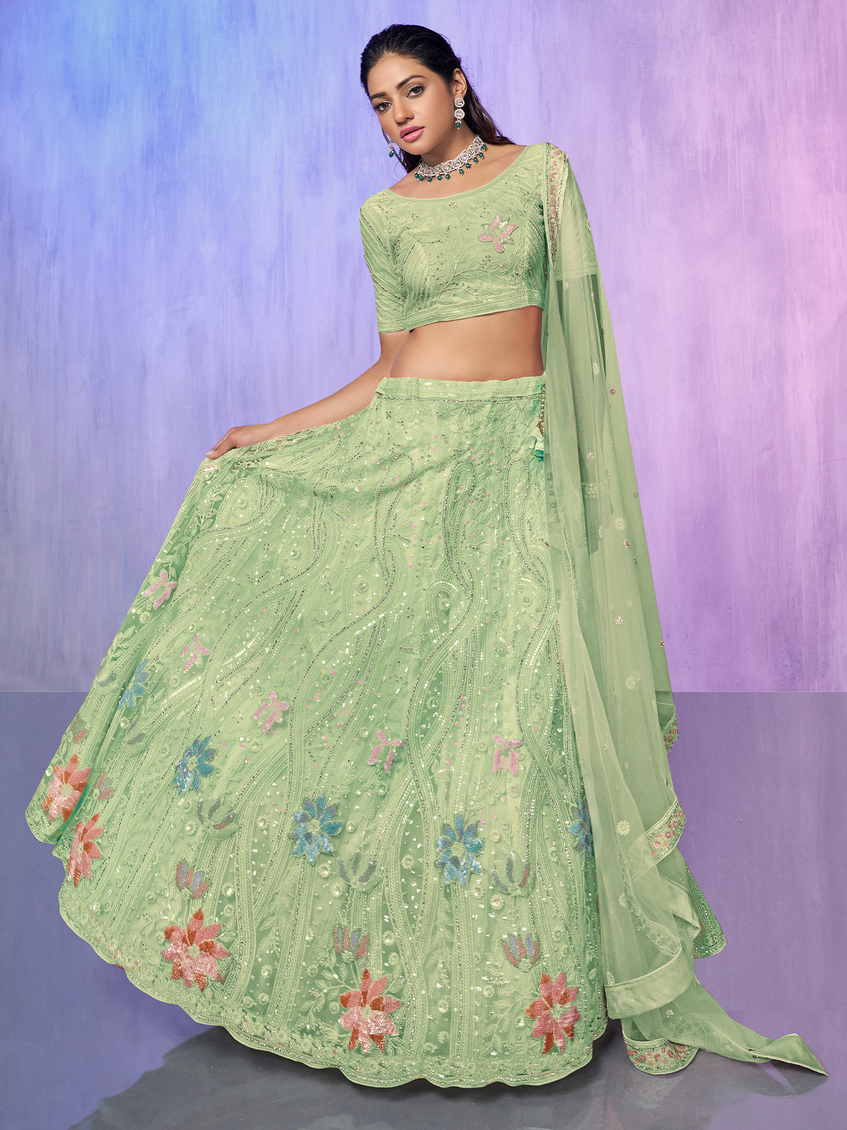 Odette Sea Green Embroidered Net Semi Stitched Lehenga With Unstitched Blouse For Women