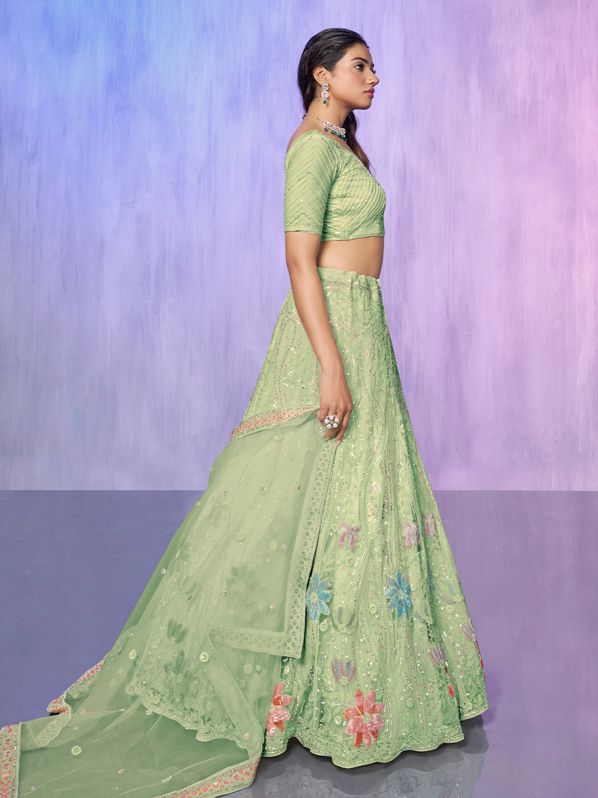 Odette Sea Green Embroidered Net Semi Stitched Lehenga With Unstitched Blouse For Women