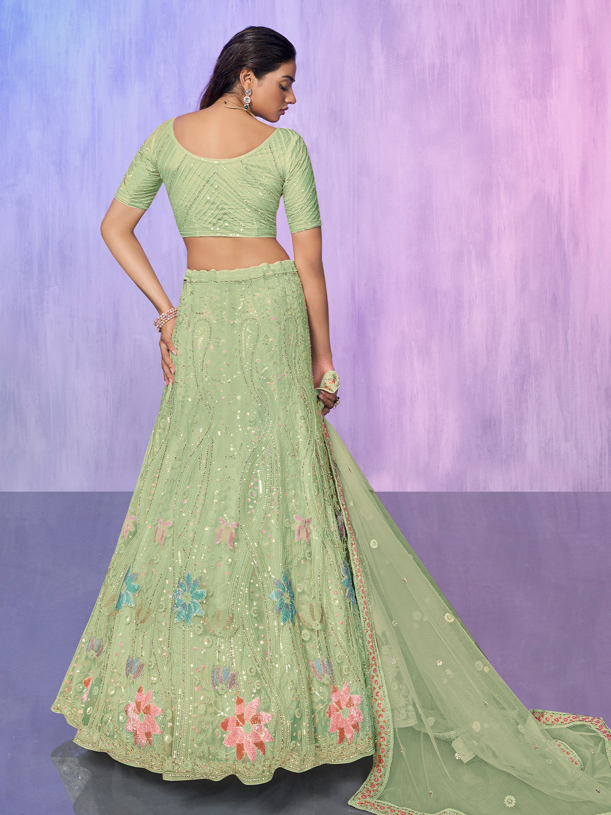 Odette Sea Green Embroidered Net Semi Stitched Lehenga With Unstitched Blouse For Women