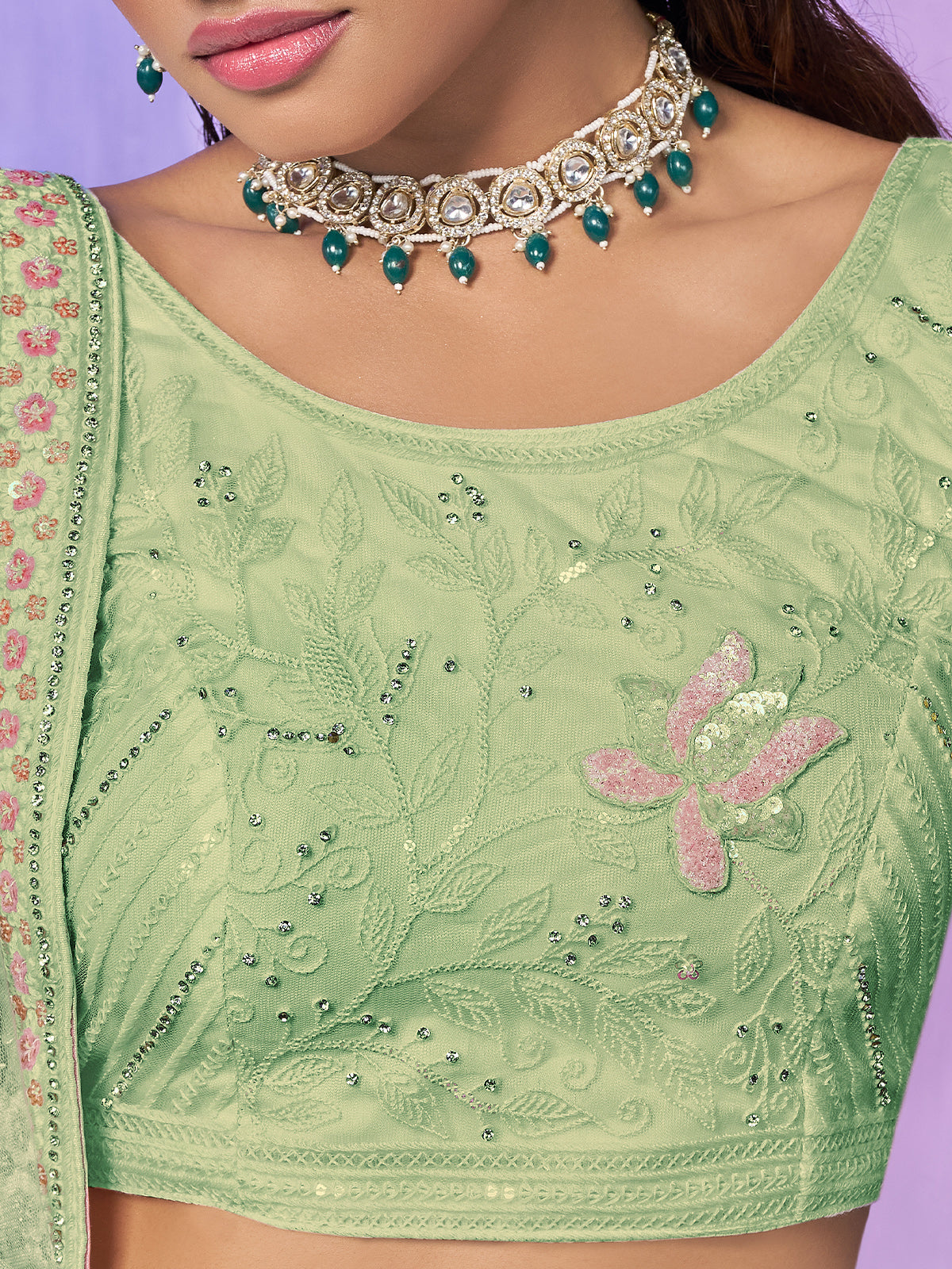 Odette Sea Green Embroidered Net Semi Stitched Lehenga With Unstitched Blouse For Women