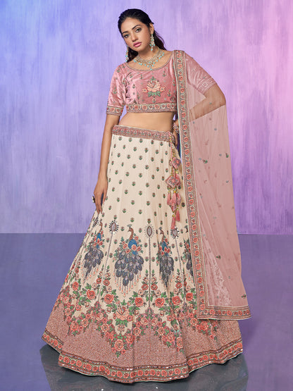 Odette Off white Embroidered Georgette Semi Stitched Lehenga With Unstitched Blouse  For Women