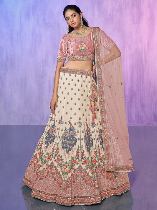 Odette Off white Embroidered Georgette Semi Stitched Lehenga With Unstitched Blouse  For Women