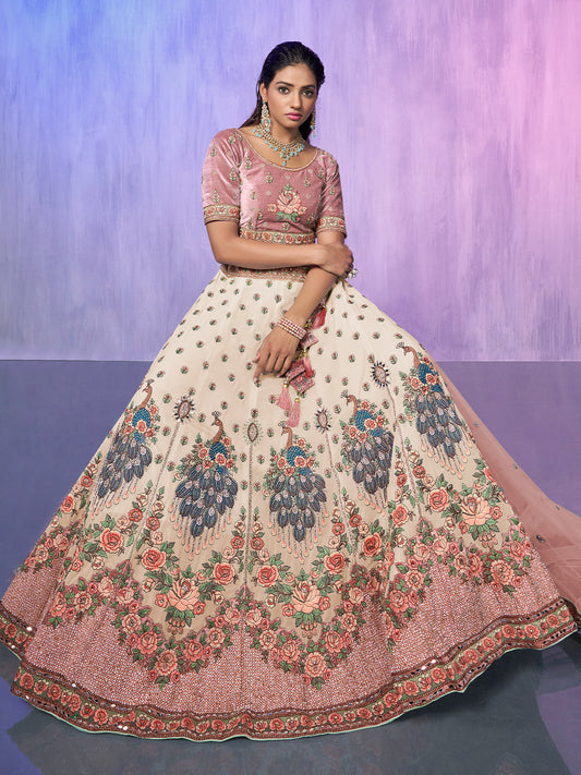 Odette Off white Embroidered Georgette Semi Stitched Lehenga With Unstitched Blouse  For Women