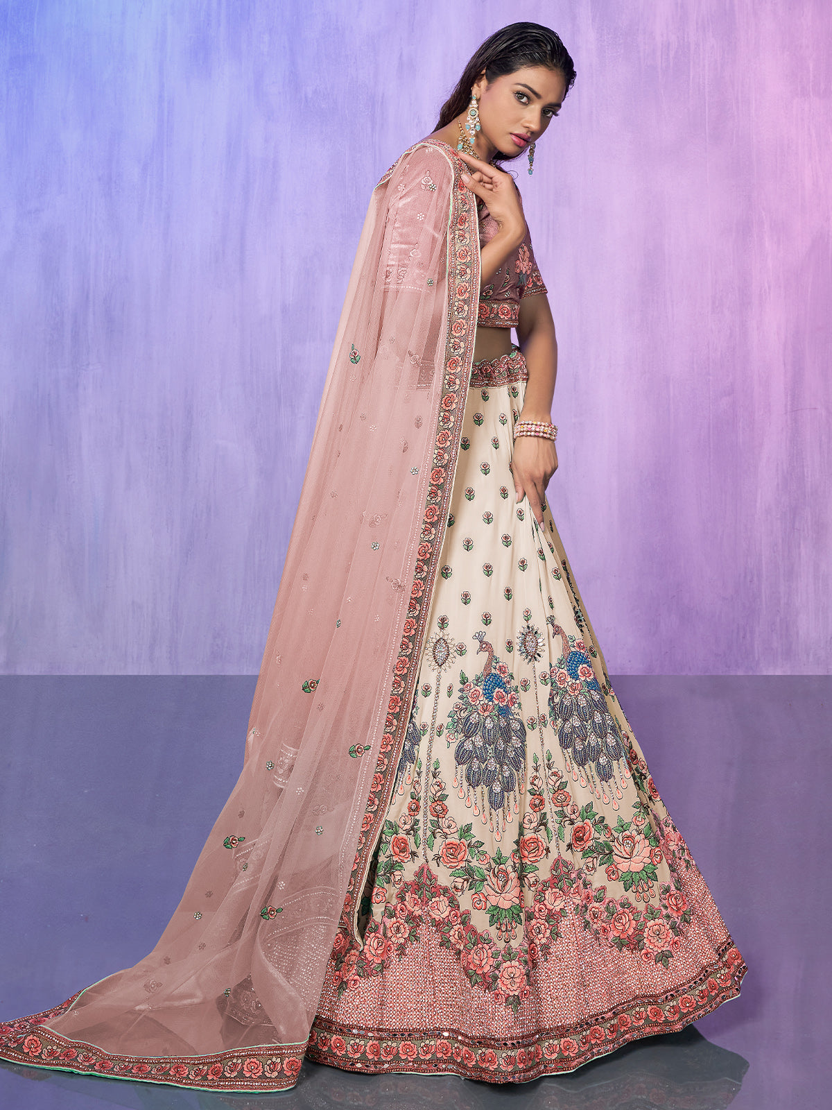 Odette Off white Embroidered Georgette Semi Stitched Lehenga With Unstitched Blouse  For Women