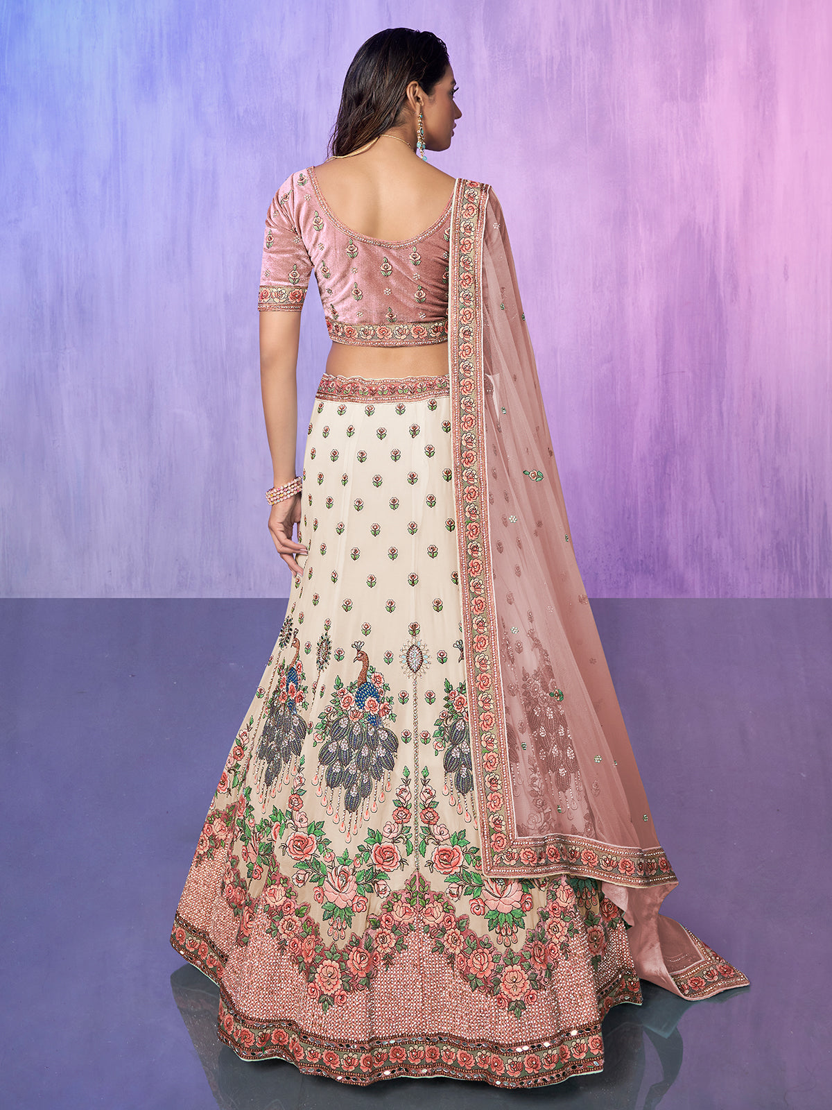 Odette Off white Embroidered Georgette Semi Stitched Lehenga With Unstitched Blouse  For Women