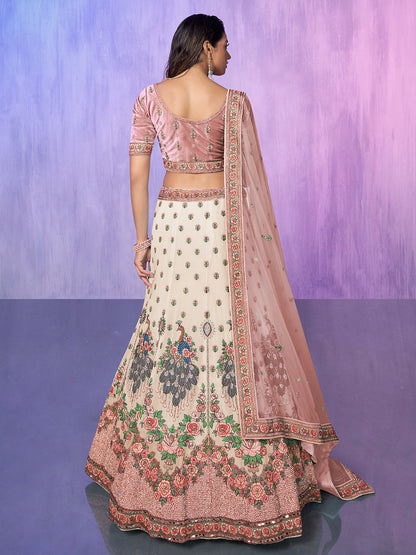 Odette Off white Embroidered Georgette Semi Stitched Lehenga With Unstitched Blouse  For Women