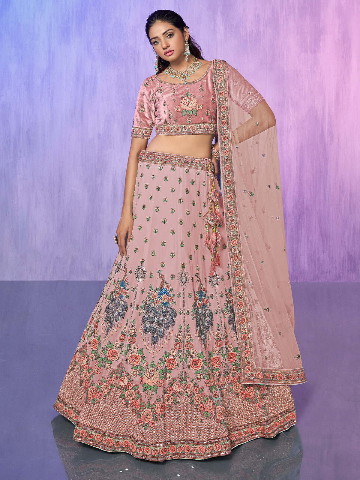 Odette Peach Embroidered Georgette Semi Stitched Lehenga With Unstitched Blouse For Women