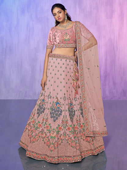Odette Peach Embroidered Georgette Semi Stitched Lehenga With Unstitched Blouse For Women