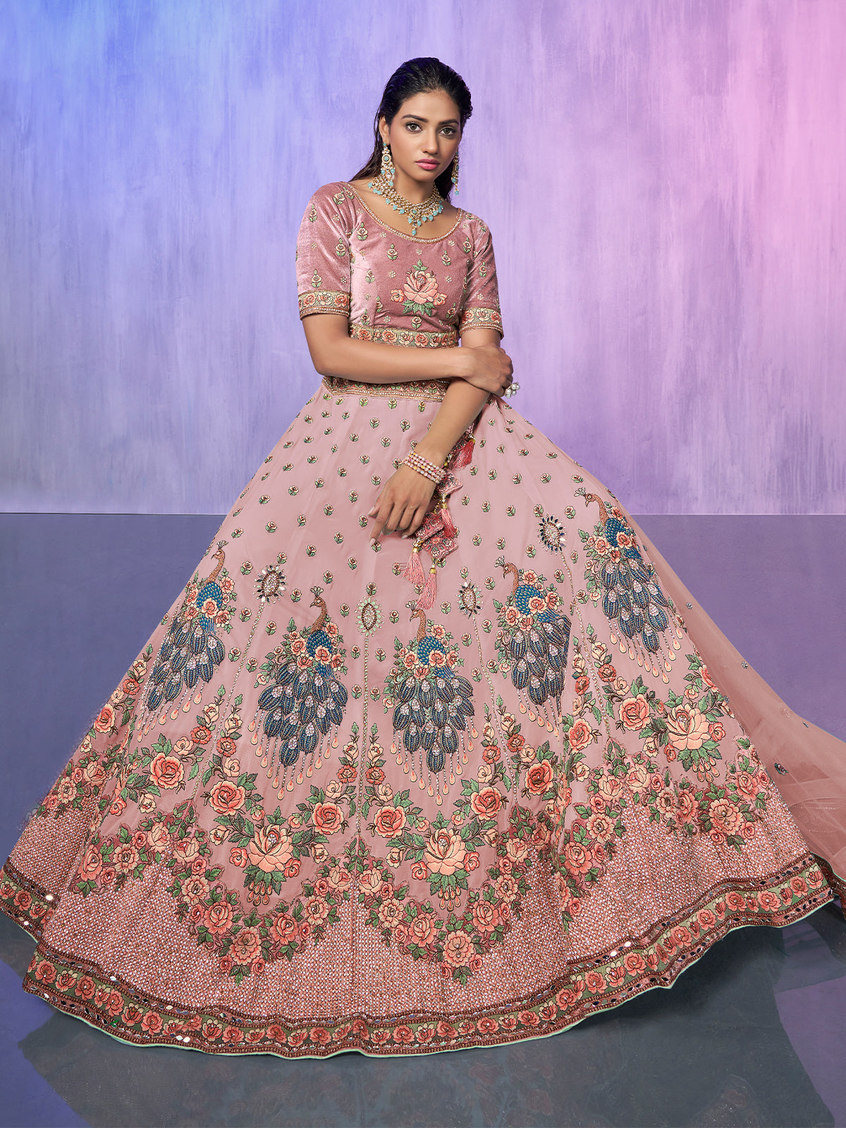 Odette Peach Embroidered Georgette Semi Stitched Lehenga With Unstitched Blouse For Women