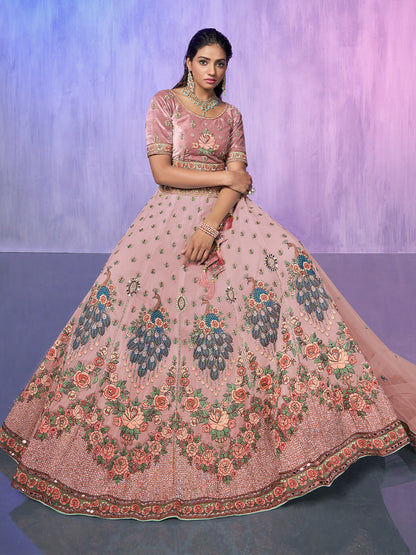 Odette Peach Embroidered Georgette Semi Stitched Lehenga With Unstitched Blouse For Women