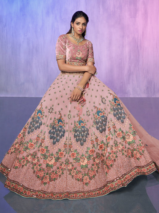 Odette Peach Embroidered Georgette Semi Stitched Lehenga With Unstitched Blouse For Women