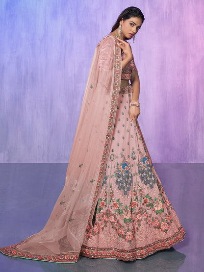 Odette Peach Embroidered Georgette Semi Stitched Lehenga With Unstitched Blouse For Women