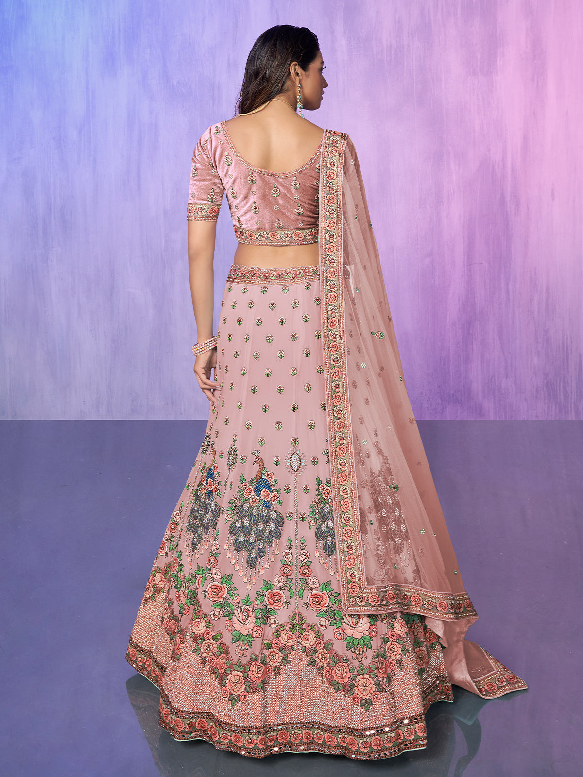 Odette Peach Embroidered Georgette Semi Stitched Lehenga With Unstitched Blouse For Women