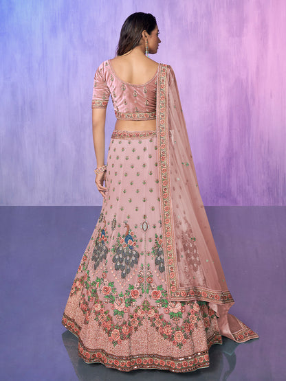 Odette Peach Embroidered Georgette Semi Stitched Lehenga With Unstitched Blouse For Women