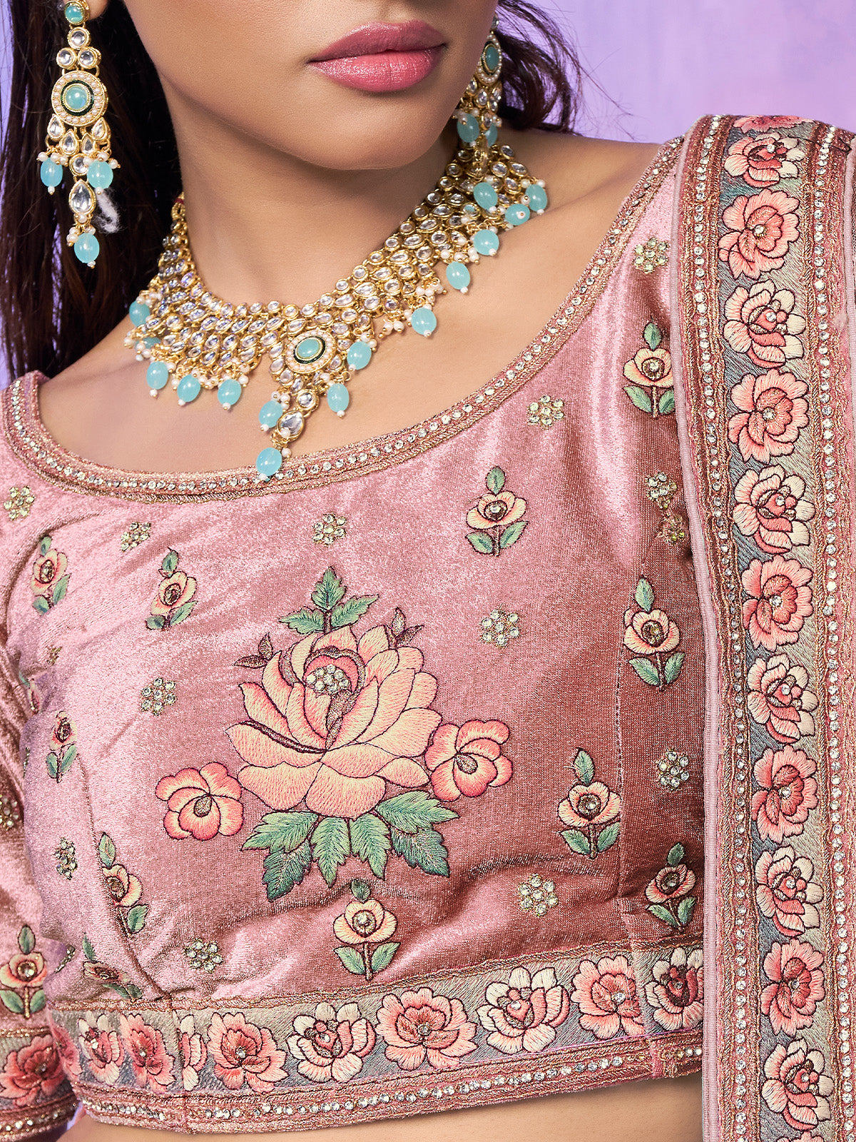 Odette Peach Embroidered Georgette Semi Stitched Lehenga With Unstitched Blouse For Women