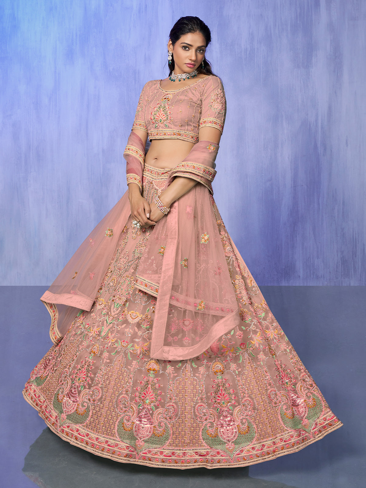 Odette Peach Embroidered Net Semi Stitched Lehenga With Unstitched Blouse  For Women