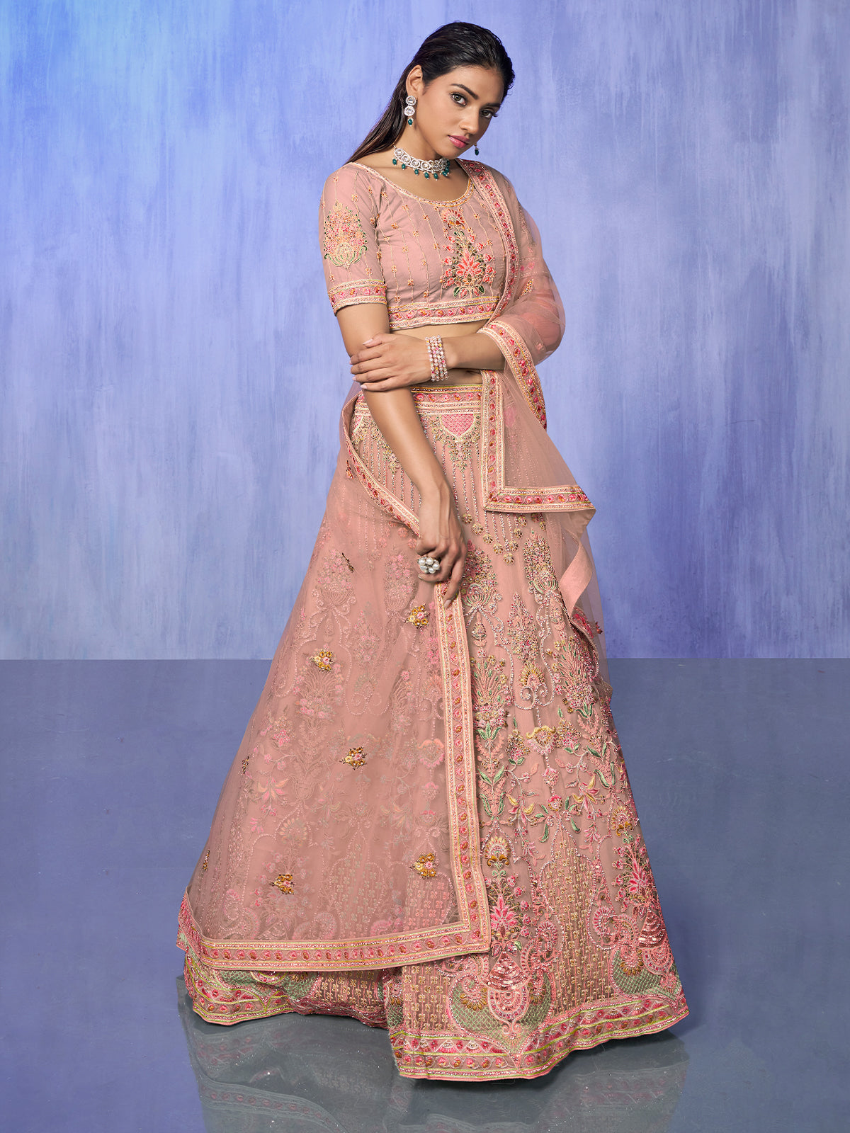 Odette Peach Embroidered Net Semi Stitched Lehenga With Unstitched Blouse  For Women