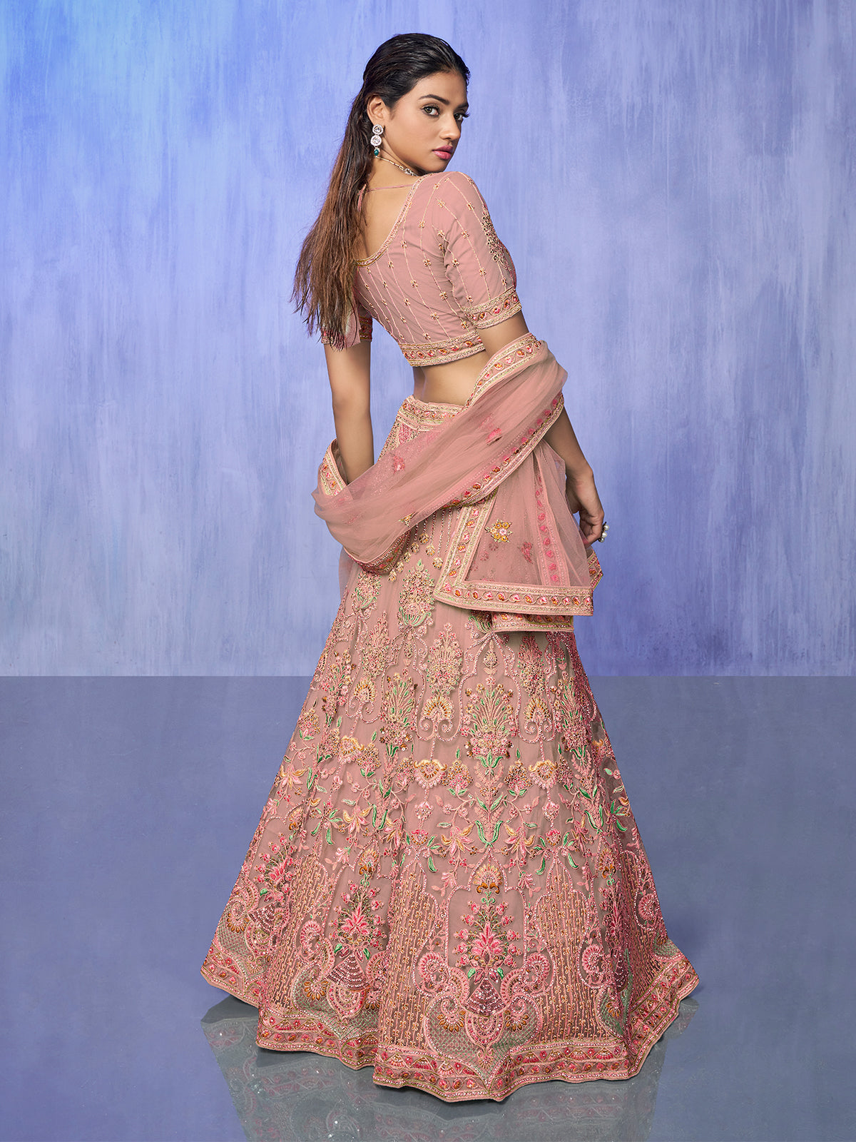 Odette Peach Embroidered Net Semi Stitched Lehenga With Unstitched Blouse  For Women