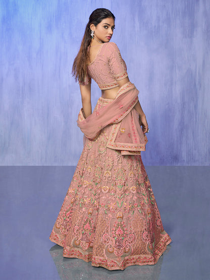 Odette Peach Embroidered Net Semi Stitched Lehenga With Unstitched Blouse  For Women