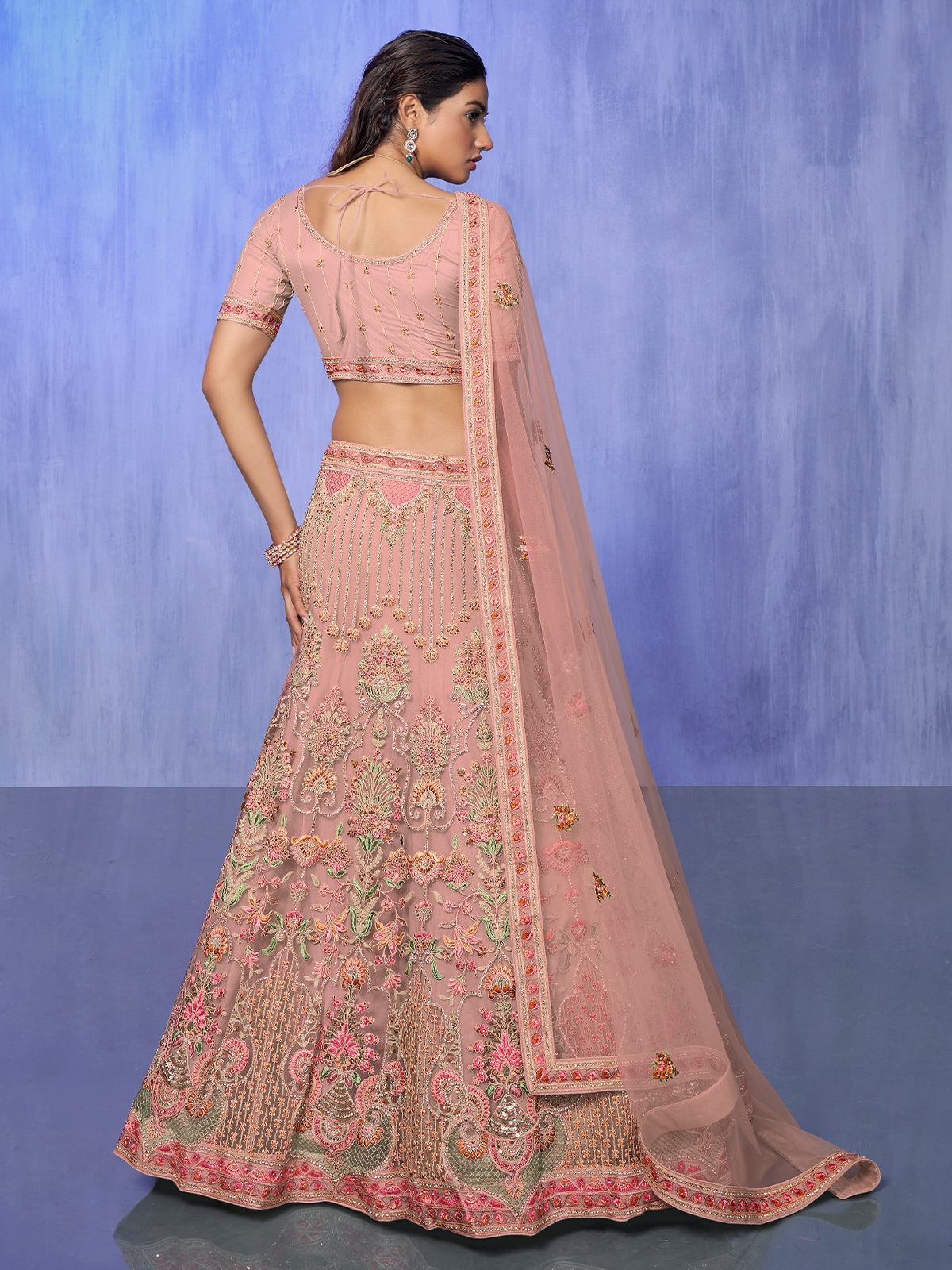 Odette Peach Embroidered Net Semi Stitched Lehenga With Unstitched Blouse  For Women