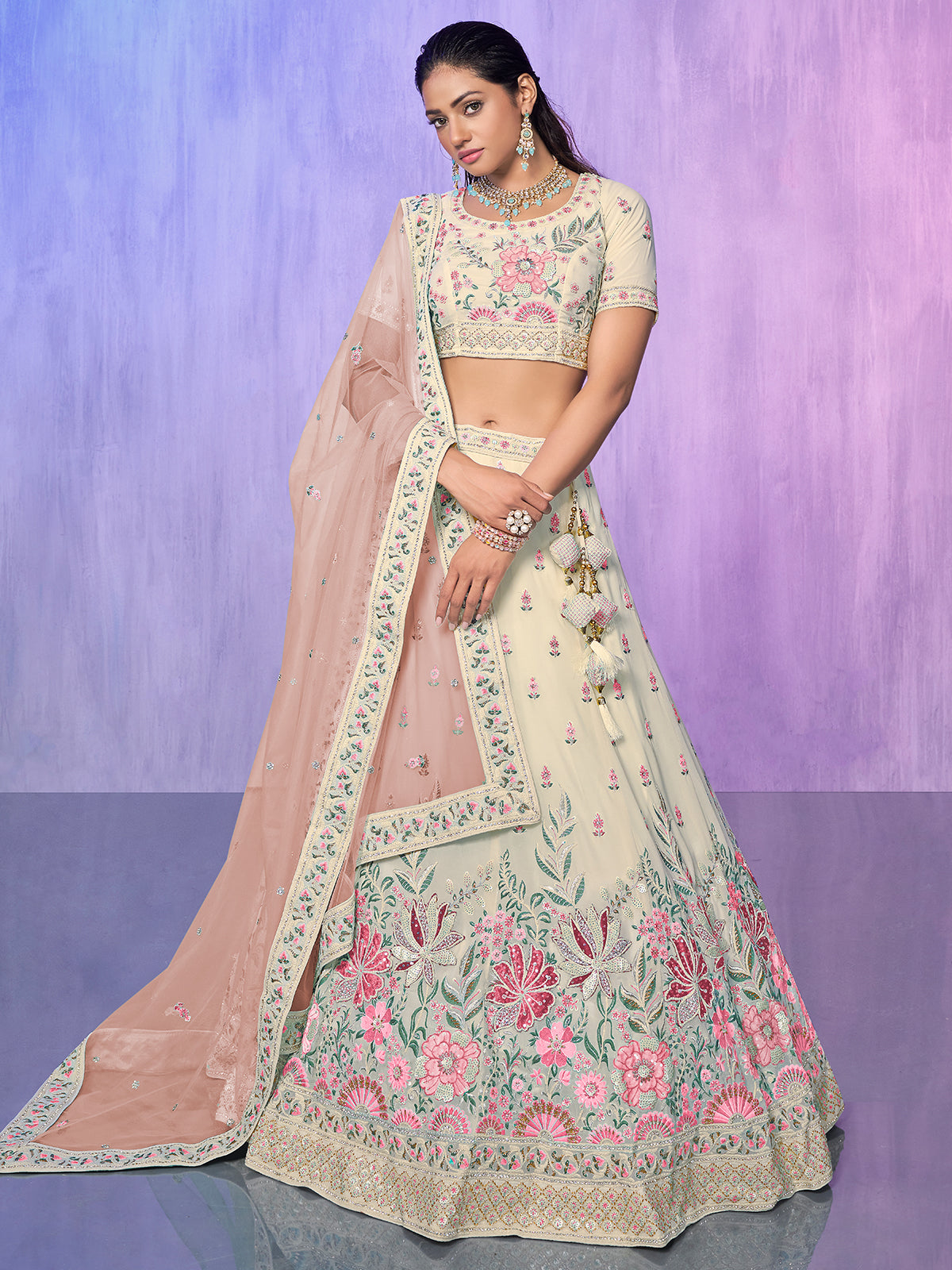 Odette Off White Embroidered Georgette Semi Stitched Lehenga With Unstitched Blouse For Women