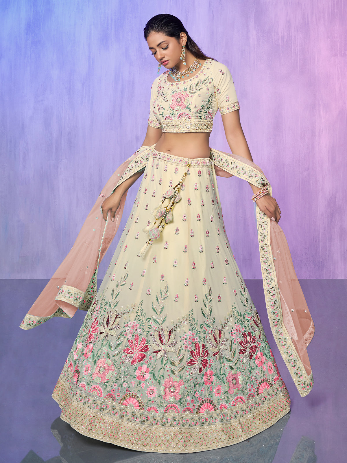 Odette Off White Embroidered Georgette Semi Stitched Lehenga With Unstitched Blouse For Women