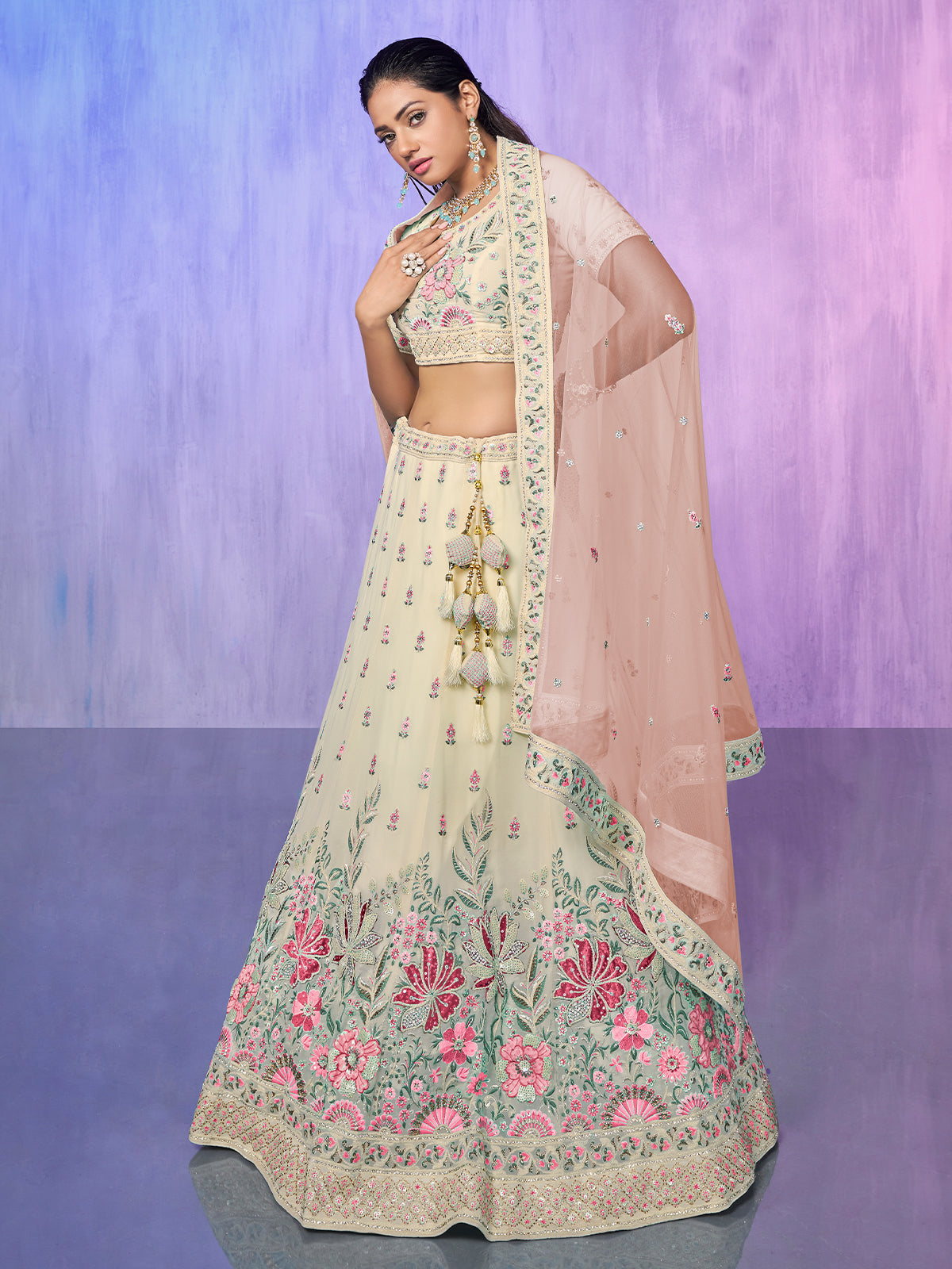 Odette Off White Embroidered Georgette Semi Stitched Lehenga With Unstitched Blouse For Women