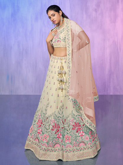 Odette Off White Embroidered Georgette Semi Stitched Lehenga With Unstitched Blouse For Women