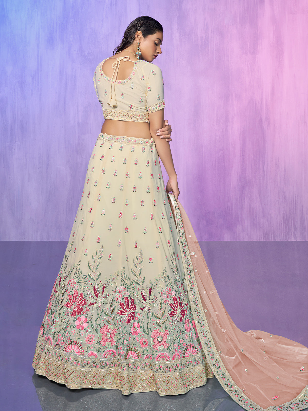 Odette Off White Embroidered Georgette Semi Stitched Lehenga With Unstitched Blouse For Women