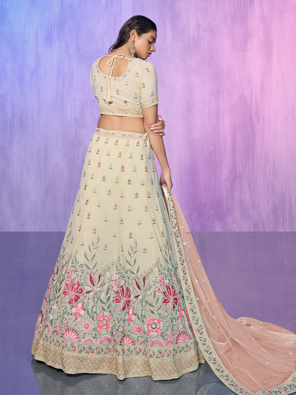 Odette Off White Embroidered Georgette Semi Stitched Lehenga With Unstitched Blouse For Women