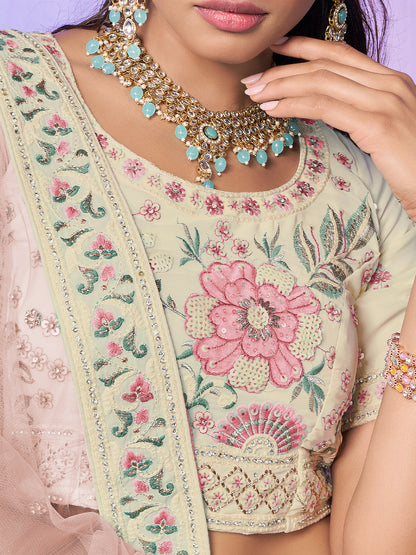 Odette Off White Embroidered Georgette Semi Stitched Lehenga With Unstitched Blouse For Women